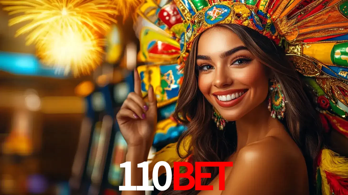 Mulher sorridente com um cocar de carnaval vibrante e colorido, celebrando uma grande vitória nos jogos do cassino 110bet com fogos de artifício ao fundo.