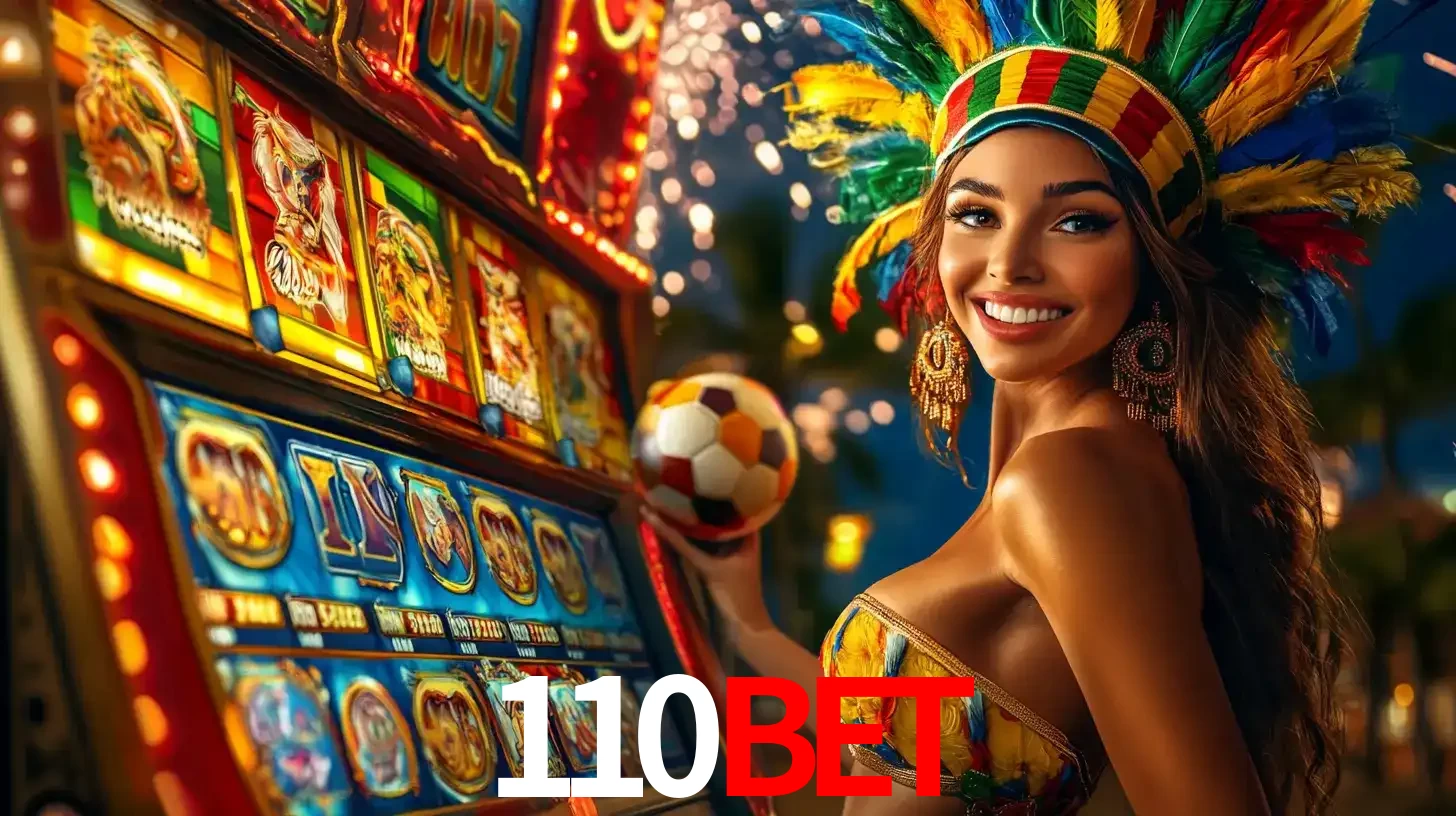 Mulher com um cocar de carnaval ao lado de uma máquina de caça-níqueis enquanto segura uma bola de futebol, mostrando a união da diversão de cassino e esportes no 110bet.