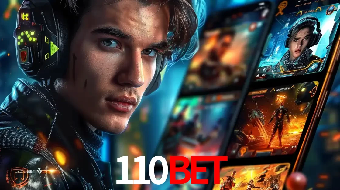 Jovem jogador com fones de ouvido olhando para a câmera, com um aplicativo de jogos e e-sports para celular ao fundo, pronto para a competição e apostas no 110bet.