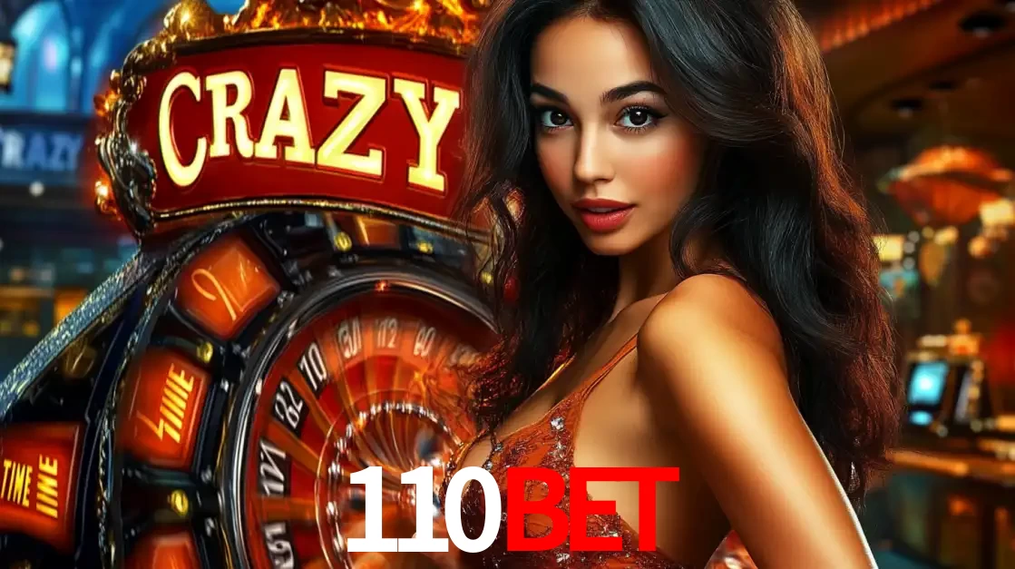 Mulher glamourosa olhando para a câmera com a roda vermelha do Crazy Time ao fundo em um ambiente de cassino, destacando a emoção dos jogos ao vivo no 110bet.