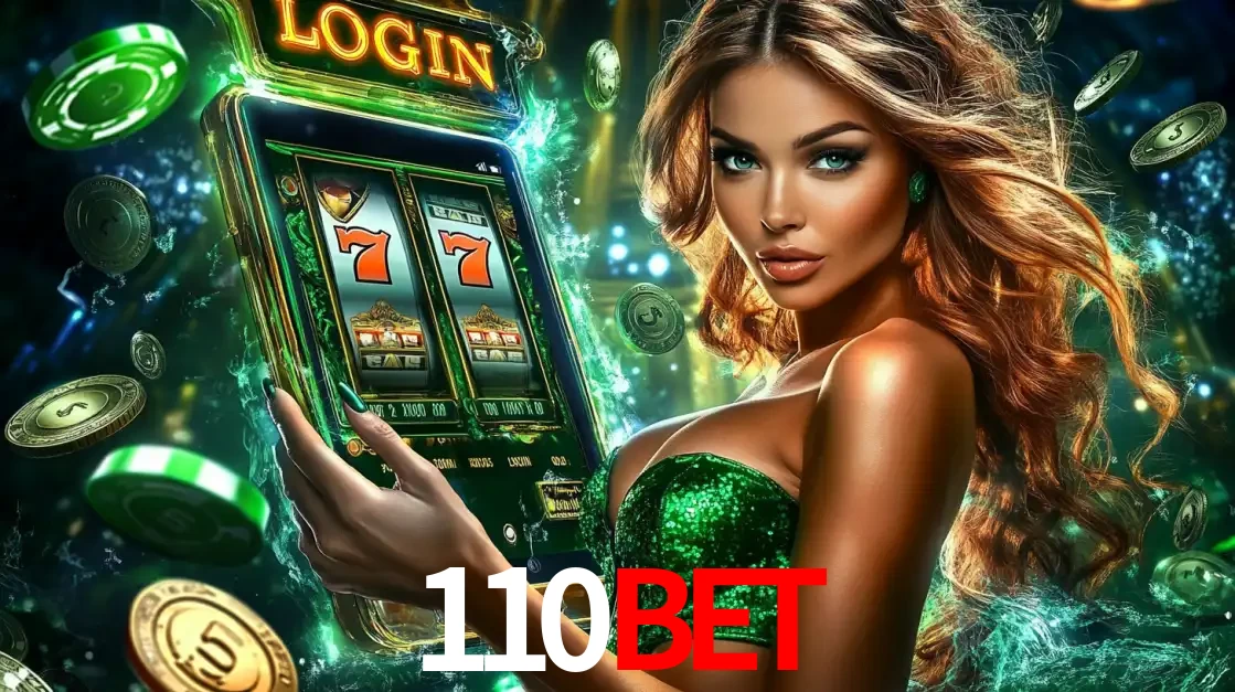 Mulher com tema verde apresentando o aplicativo do cassino 110bet com um jogo de slot de 777, cercada por fichas de cassino e uma aura de sorte.