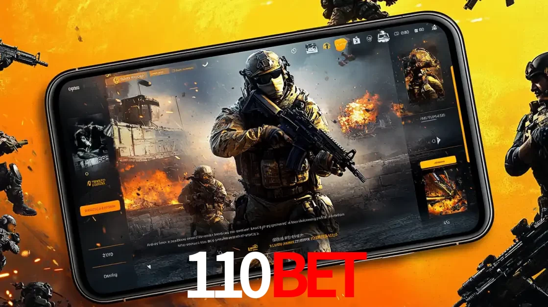 Um smartphone exibindo a interface de um jogo de tiro em primeira pessoa, com um soldado em um cenário de batalha, representando a ação dos e-sports para apostar no 110bet.
