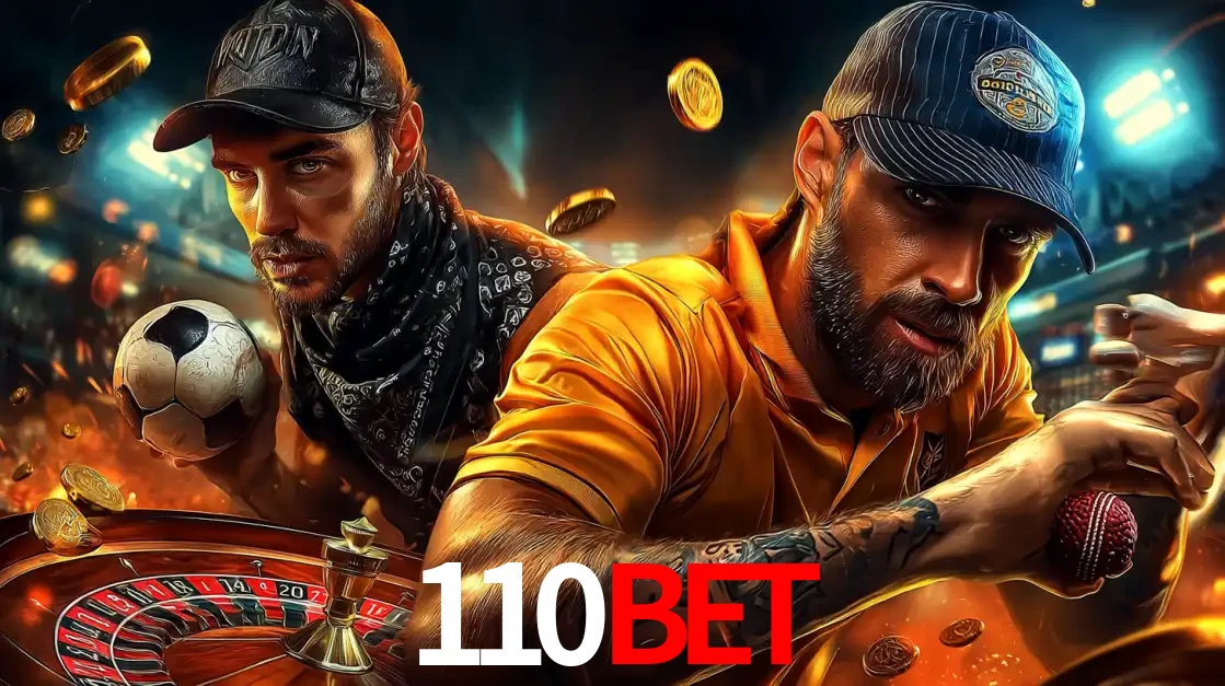 Montagem de apostas esportivas e cassino no 110bet, com um homem segurando uma bola de futebol e outro uma de beisebol sobre uma roleta e moedas voadoras.