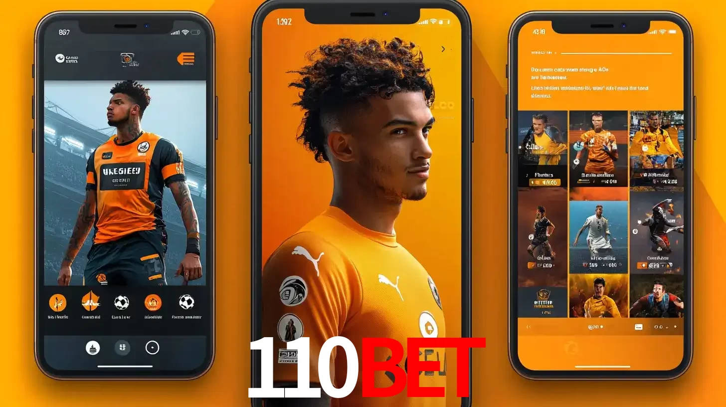 Interface do aplicativo de apostas esportivas 110bet em três telas de celular, mostrando o perfil de um jogador de futebol e a lista de jogos disponíveis para apostar.