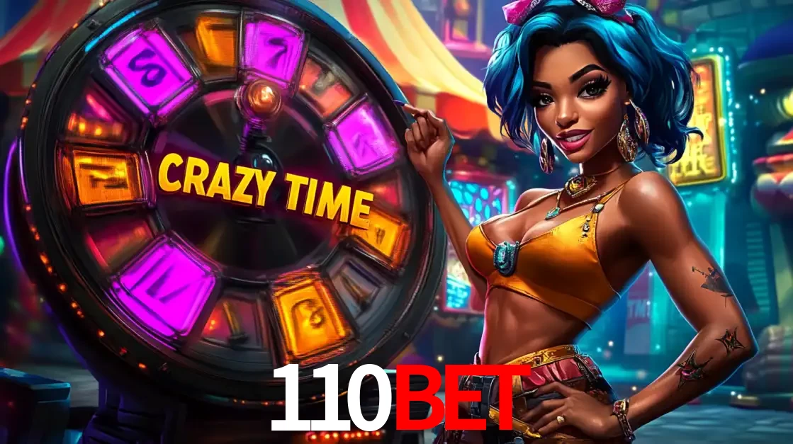 Mulher estilizada com cabelo azul e visual vibrante posando ao lado da roda de prêmios do game show Crazy Time, convidando para a diversão e os bônus do cassino 110bet.