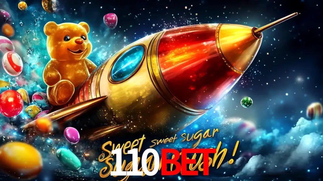 Arte promocional do jogo de slot Sugar Rush, com um urso de pelúcia em um foguete viajando pelo espaço de doces, um dos jogos divertidos disponíveis no cassino 110bet.