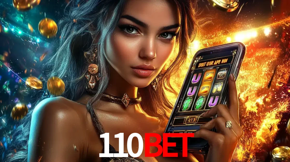 Mulher elegante mostrando um jogo de caça-níqueis em seu smartphone, destacando a experiência de cassino móvel oferecida pelo aplicativo 110bet.