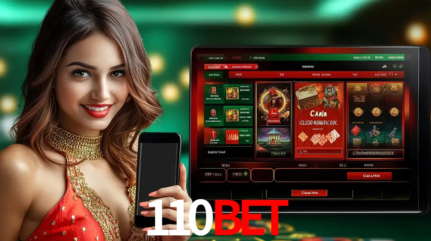 Mulher sorridente segurando um smartphone, ao lado de uma tela exibindo o lobby de jogos do cassino online 110bet, com várias opções de jogos de cartas e slots.